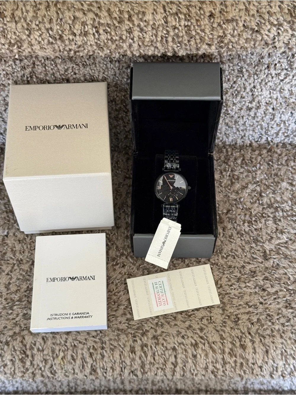 Emporio Armani Women's Black and Rose Gold Stainless Steel Bracelet Watch